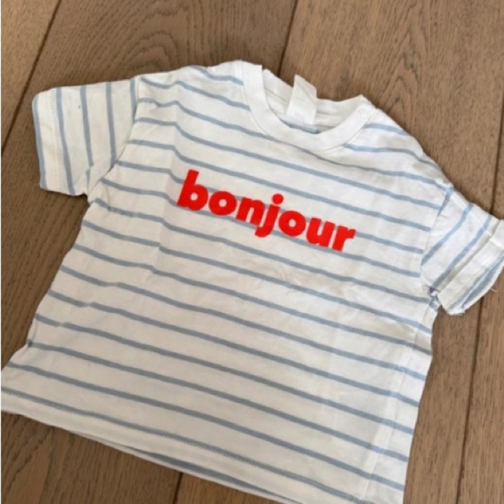 H&M White & Light Blue Striped Tee with Red "bonjour" Print